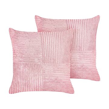 Set Of 2 Decorative Pillows Pink Corduroy 43 X 43 Cm Striped Pattern Modern Design Throw Cushions Beliani