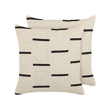 Set Of 2 Scatter Cushions Beige And Black Cotton 45 X 45 Cm Striped Geometric Pattern Handmade Removable Cover With Filling Beliani