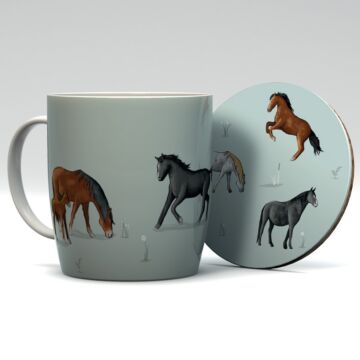 Porcelain Mug & Coaster Set - Willow Farm Horses