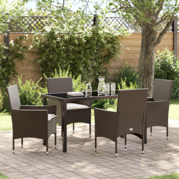 Vidaxl 5 Piece Garden Dining Set With Cushions Brown Poly Rattan, Vidaxl Garden Table Black 140x80x73 Cm Tempered Glass