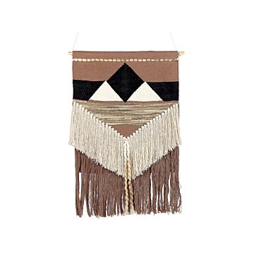Wall Hanging Brown And Beige Cotton Handwoven With Tassels Geometric Pattern Wall Décor Hanging Decoration Boho Style Living Room Bedroom Beliani