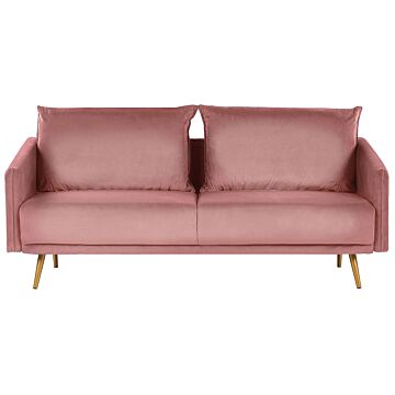 Sofa Pink Velvet 3 Seater Back Cushioned Seat Metal Golden Legs Retro Glam Beliani