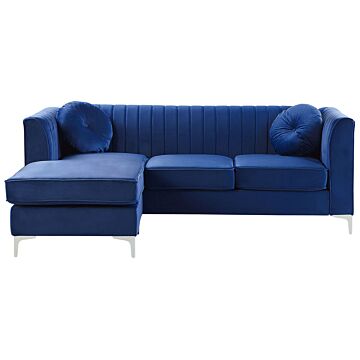 Corner Sofa Blue Velvet With Cushions 3 People Right Hand Glamour Beliani