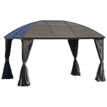 Outsunny 4 X 3(m) Patio Aluminium Gazebo Hardtop Metal Roof Canopy Party Tent Garden Outdoor Shelter With Mesh Curtains & Side Walls, Dark Grey