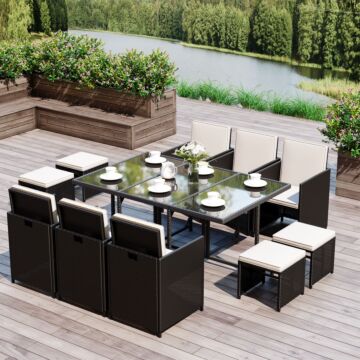 Outsunny 11pc Rattan Garden Furniture Outdoor Patio Dining Table Set Weave Wicker 10 Seater Stool Black