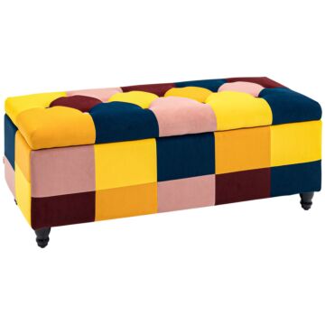 Homcom 114 X 47 X 47cm Velvet Storage Ottoman, Button-tufted Footstool Box, Toy Chest With Lid For Living Room, Bedroom, Multicoloured