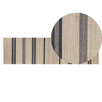 Runner Rug Beige And Grey Jute 80 X 300 Cm Rectangular With Tassels Striped Pattern Handwoven Boho Style Hallway Beliani