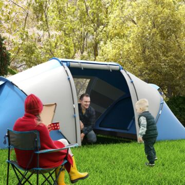 Outsunny 4-6 Man Camping Tent W/ Two Bedroom, Hiking Sun Shelter, Uv Protection Tunnel Tent, Blue And White
