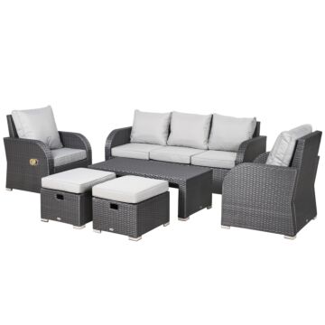 Outsunny 7-seater Rattan Garden Furniture W/ Coffee Table Footstool Space-saving Patio Wicker Weave Reclining Chair Set, Light Grey