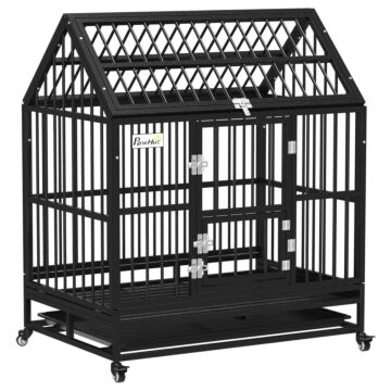 Pawhut 43" Heavy Duty Dog Crate On Wheels, With Removable Tray, Openable Top