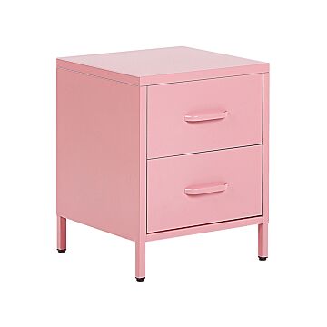 Bedside Table Pink Steel Nightstand Industrial Design 2 Drawers Bedroom Storage Furniture Beliani