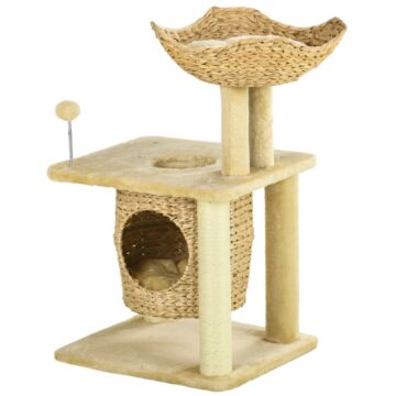 Pawhut Cat Tree For Indoor Cats With Scratching Posts, Cat House, Bed, Toy Ball, Beige
