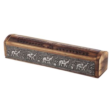 Decorative Elephant Inlay Sliding Lid Wooden Incense Burner Box