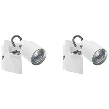 Set Of 2 Wall Lamps White Metal 1-light Swing Arm Cone Shade Spotlight Design Beliani