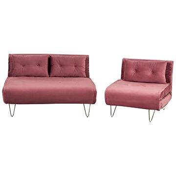 Living Room Set Pink Velvet Single And 2 Seater Sofa Bed With Cushions Metal Hairpin Legs Glamour Beliani