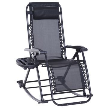 Outsunny Garden Rocking Chair Folding Recliner Outdoor Adjustable Sun Lounger Rocker Zero-gravity Seat With Headrest Side Holder Patio Deck - Black