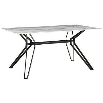 Dining Table Marble Effect Veneer Black Metal Legs Tempered Glass Top Rectangular 160 X 90 Cm Modern Design Beliani
