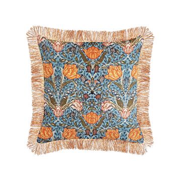 Decorative Cushion Blue Orange Cotton 45 X 45 Cm Velvet Flower Motif Fringed Modern Glamour Decor Beliani