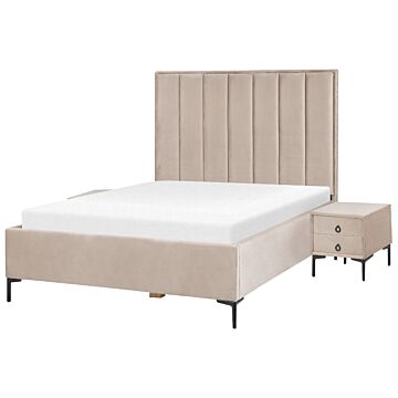 Bedroom Set Taupe Velvet Eu Double Size 4ft6 Bed With Storage 2 Bedside Tables Upholstered Beliani