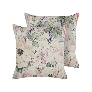 Set Of 2 Decorative Cushions Violet Multicolour Floral Pattern 45 X 45 Cm Vintage Boho Decor Accessories Beliani