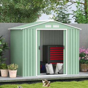 Outsunny 7ft X 4ft Lockable Garden Metal Storage Shed Large Patio Roofed Tool Storage Building Foundation Sheds Box Outdoor Furniture, Light Green