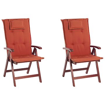 Set Of 2 Garden Chairs Acacia Wood Red Cushion Adjustable Foldable Outdoor Country Rustic Style Beliani