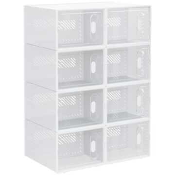 Homcom 8pcs Clear Shoe Box, Plastic Stackable Shoe Storage Box For Uk/eu Size Up To 8.5/43 With Magnetic Door For Women/men, 25 X 35 X 19cm