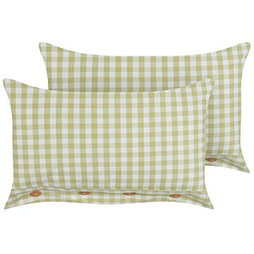 Set Of 2 Decorative Cushions Olive Green And White Chequered Pattern 40 X 60 Cm Buttons Modern Décor Accessories Bedroom Living Room Beliani