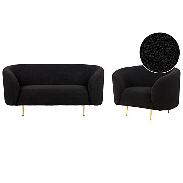 Living Room Set Black Boucle Fabric Soft Nubby Gold Legs 2 Seater Sofa Armchair Retro Glam Art Decor Style Beliani