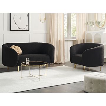 Living Room Set Black Boucle Fabric Soft Nubby Gold Legs 2 Seater Sofa Armchair Retro Glam Art Decor Style Beliani