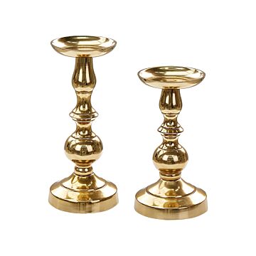 Set Of 2 Candle Holders Gold Metal Glossy Metallic Glamour For Pillar Candles Beliani