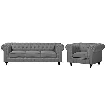 Chesterfield Living Room Set Light Grey Fabric Dark Wood Legs 3 Seater Sofa + Armchair Contemporary Beliani