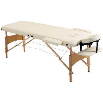 Homcom Portable Massage Bed, Folding Spa Beauty Massage Table With 2 Sections, Carry Bag And Wooden Frame, Cream