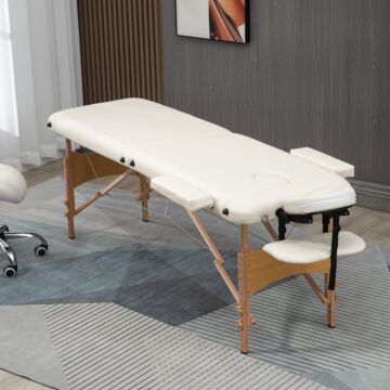 Homcom Portable Massage Bed, Folding Spa Beauty Massage Table With 2 Sections, Carry Bag And Wooden Frame, Cream