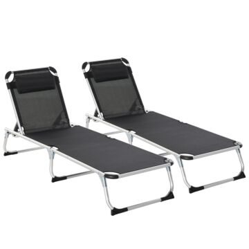 Outsunny 2 Pieces Foldable Sun Lounger With Pillow, 5-level Adjustable Reclining Lounge Chair, Aluminium Frame Camping Bed Cot, Black