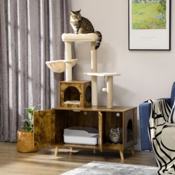 Pawhut Cat Litter Box Enclosure, With Tree Tower, Cat House, Hammock, Cushion - Rustic Brown