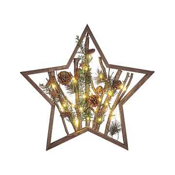 Decorative Figurine Christmas Star Dark Pine Wood 46 Cm With Pine Cones Led Lights Rustic Boho Design Beliani