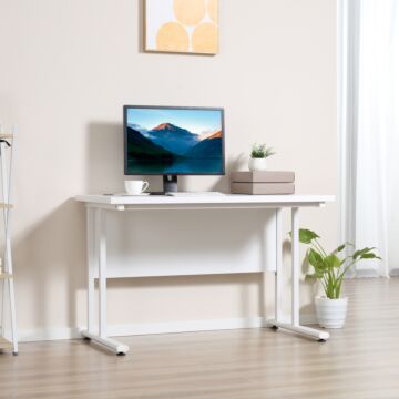 Homcom Computer Desk, Home Office Desk, Writing Table, 120x60x75cm Laptop Workstation With 2 Cable Management Holes, C Shaped Metal Legs, White