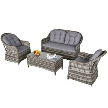 Outsunny 4-seater Pe Rattan Wicker Sofa Set Outdoor Conservatory Furniture Lawn Patio Coffee Table W/ Cushion - Grey