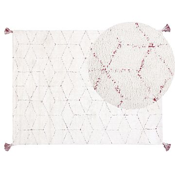 Area Rug White Cotton Shaggy 140 X 200 Cm Red Geometric Pattern Beliani