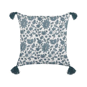 Decorative Cushion White And Blue Cotton 45 X 45 Cm Geometric Pattern Block Print With Tassels Boho Decor Accessories Beliani