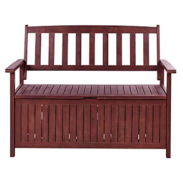 Garden Bench With Storage Mahogany Brown Solid Acacia Wood 120 X 60 Cm 2 Seater Outdoor Patio Rustic Traditional Style Beliani