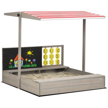 Outsunny Kids Wooden Sandpit, Sandbox With Canopy & Seats, For Gardens - Grey