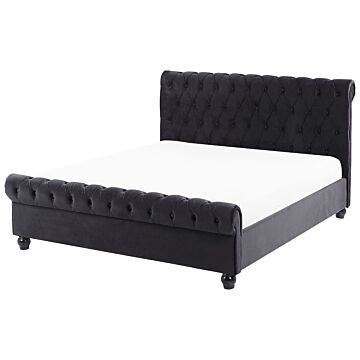 Bed Frame Black Velvet Upholstery Black Wooden Legs Eu Double Size 4ft6 Buttoned Glam Beliani