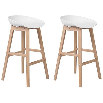 Set Of 2 Bar Stools Light Wood And White Plastic 85 Cm Seat Counter Chair Beliani