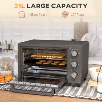 Homcom Mini Oven, 21l Countertop Electric Grill, Toaster Oven With Adjustable Temperature, Timer, Baking Tray And Wire Rack, 1400w, Grey