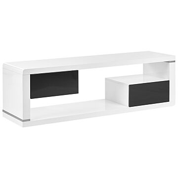 Tv Stand White And Black Mdf High Gloss Cabinet With 2 Drawers Open Storage Minimalistic Beliani