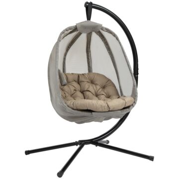 Outsunny Hanging Egg Chair, Folding Swing Hammock With Cushion And Stand For Indoor Outdoor, Patio Garden Furniture, Khaki