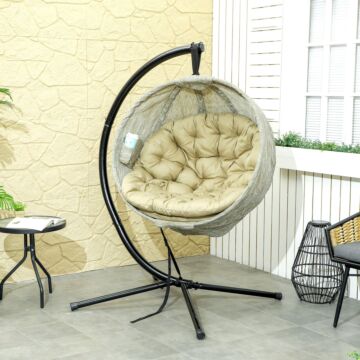 Outsunny Hanging Egg Chair Outdoor Indoor Garden Swing Chair With Folding Basket, Garden Hanging Chair With Stand, Thickened Cushion, Cup Holder For Patio, Balcony, Khaki