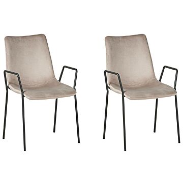 Set Of 2 Dinning Chairs Taupe Velvet With Armrests Stackable Dinning Room Office Conference Room Beliani